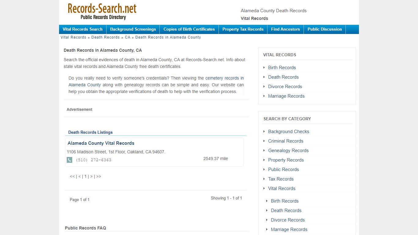 Alameda County Death Records - Vital Records